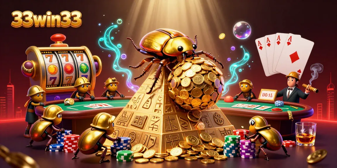 Engage with 33win33 in an exciting jackpot quest featuring animated golden beetles and casino games.