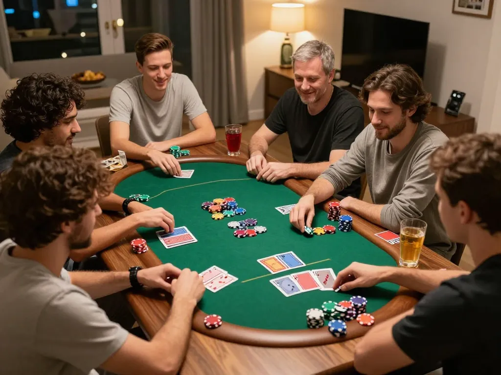 Đêm chơi game Rikvip cùng bạn bè thưởng thức chip poker và bài trong không gian ấm cúng