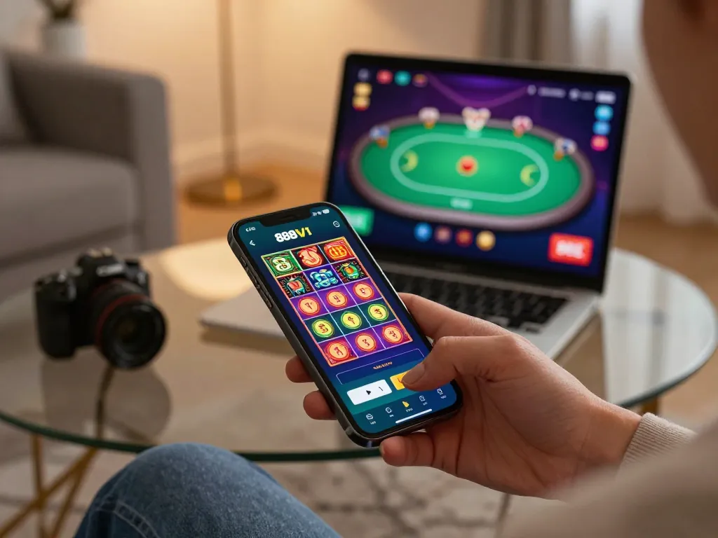 Playing the 888VI BET app on a smartphone during an exciting slots session.