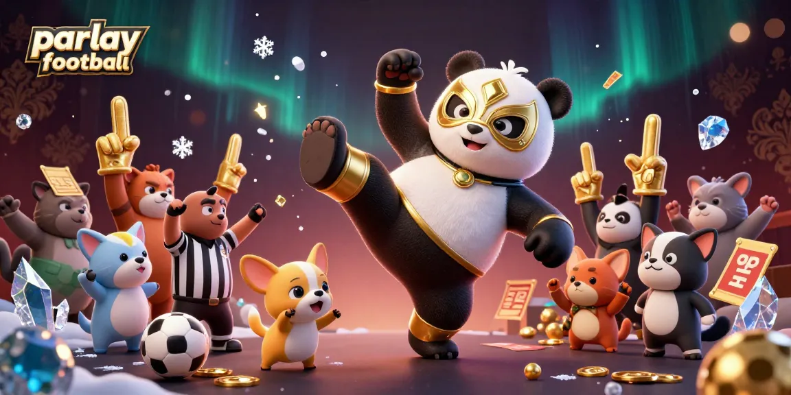 Engage with exciting parlay football action featuring a flying panda wrestler amid cheers and crypto-themed elements.