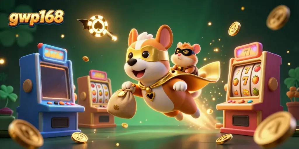 Gwp168 slot online menampilkan karakter superhero anjing dan hamster dengan latar belakang kasino.