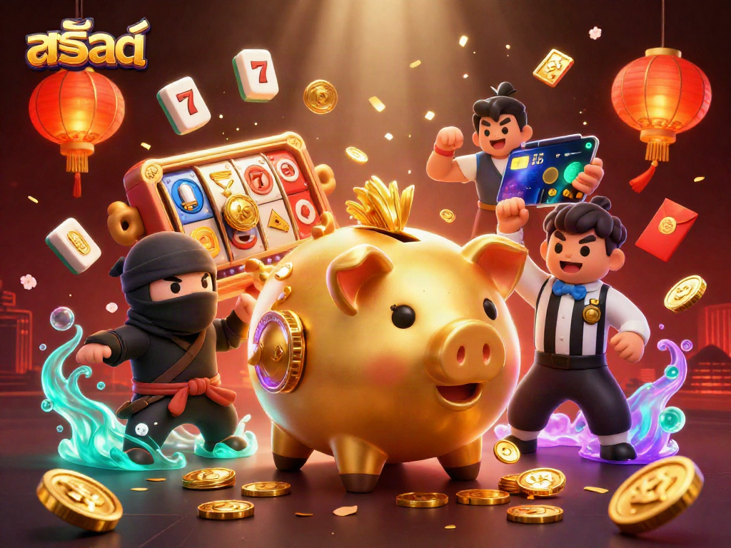 Engage with สล็อต in a dynamic 3D illustration featuring a golden piggy bank sumo wrestler and vibrant casino elements.