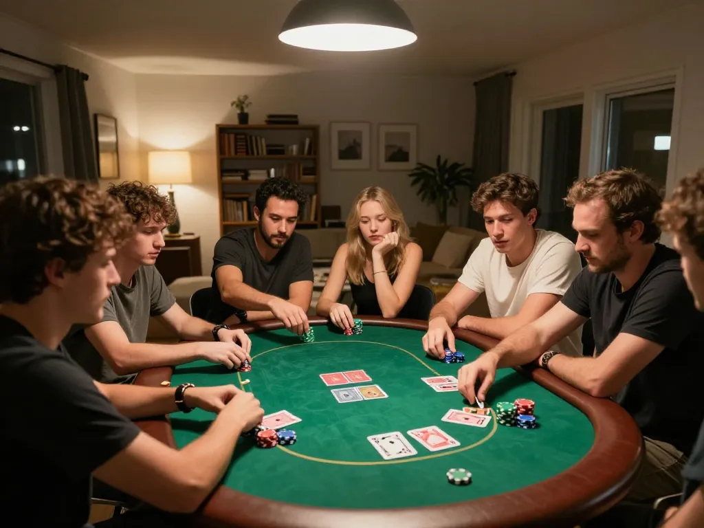 Players experiencing an intense home poker night with dash88 chips on the table, lively atmosphere and strategic gameplay.