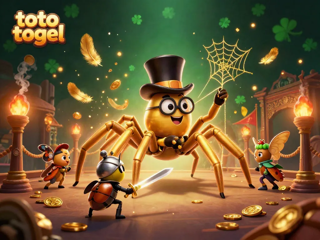 Engage in thrilling toto togel action with a golden tarantula and beetle knight in an exciting casino atmosphere.