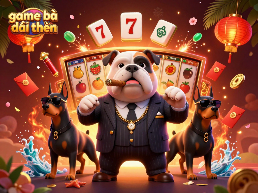 Play game bài đổi thưởng with animated mafia boss, luxurious design and casino elements.
