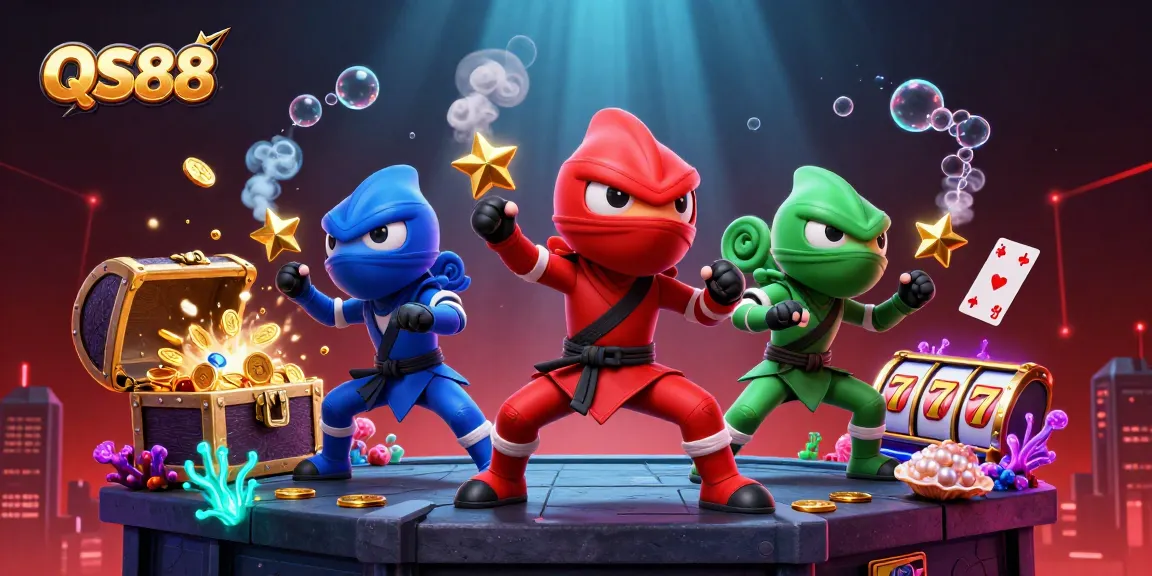 Engage in thrilling gameplay with QS88's vibrant casino illustration showcasing chameleon ninjas amid gold coins and slot reels.