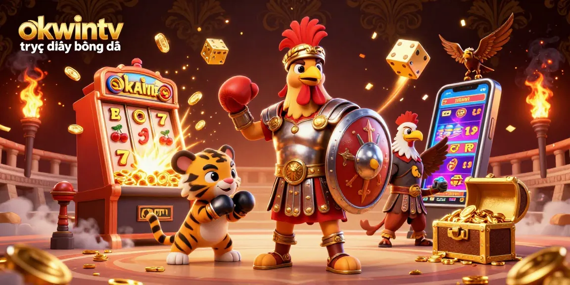 Engage with Okwintv trực tiếp bóng đá in a dynamic sporting scene featuring colorful gaming elements and energetic characters.