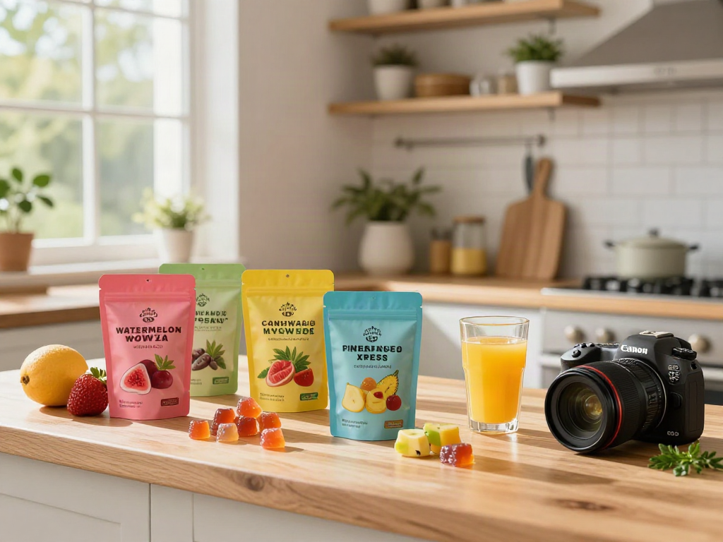 Indulging in Activist Edibles gummies surrounded by fresh fruits in a modern kitchen.