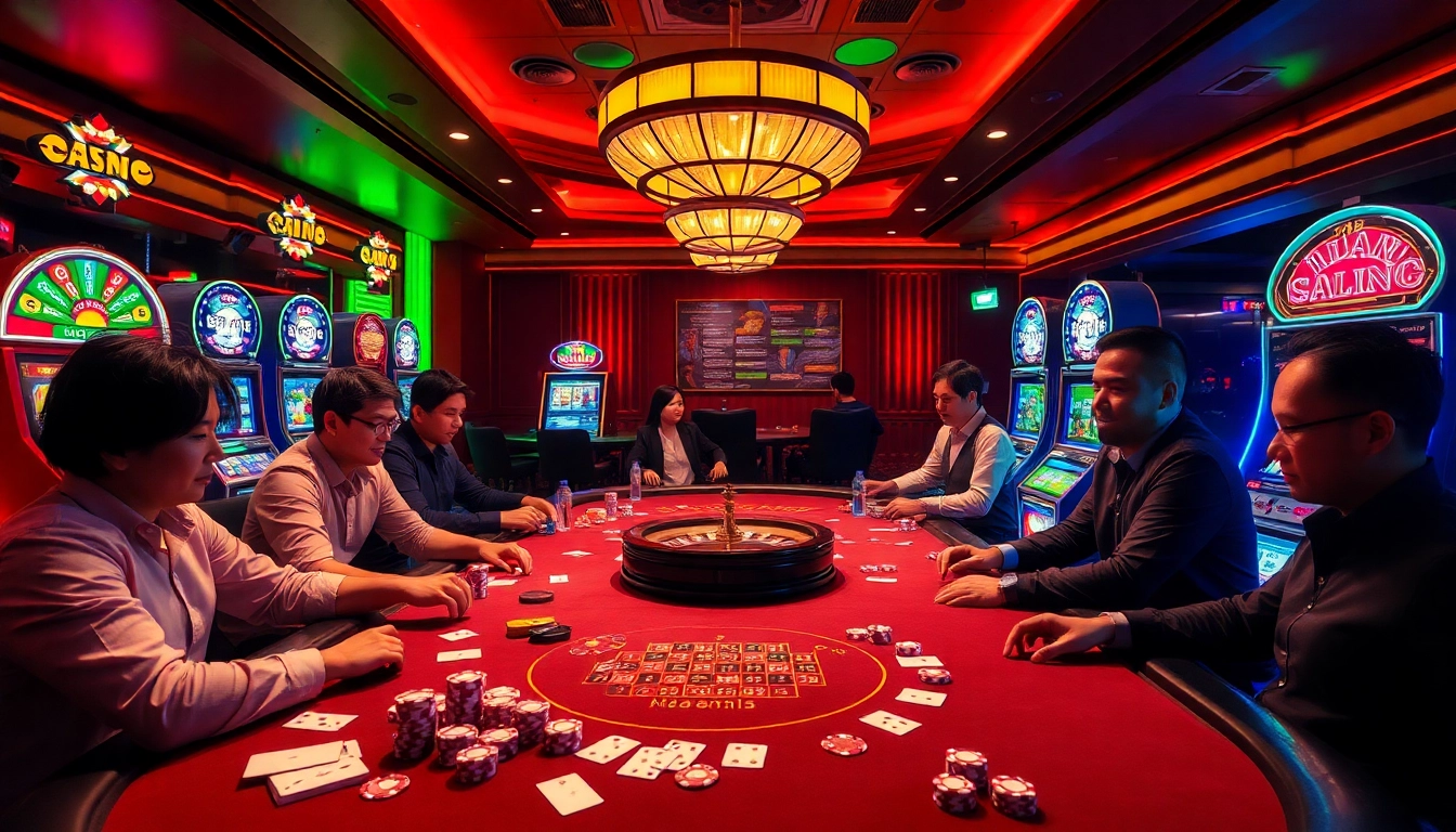 Players at Man88 enjoy exciting casino games with colorful lights and vibrant atmosphere.