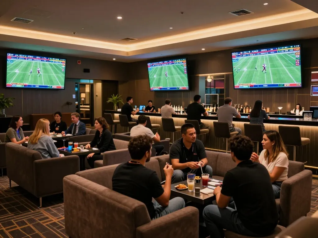 Soi Kèo sports betting lounge with patrons discussing odds and live matches in an elegant casino setting