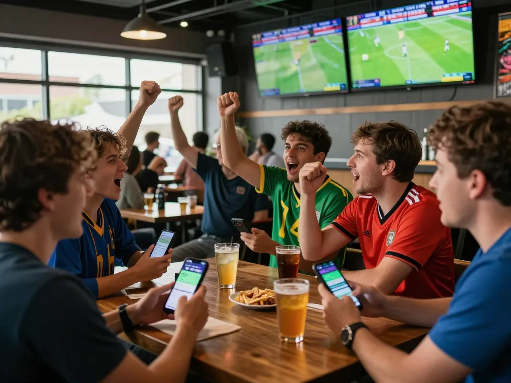 Fans engaged in sports betting activity via mobile apps, creating an exciting nowgoal atmosphere in a sports bar.