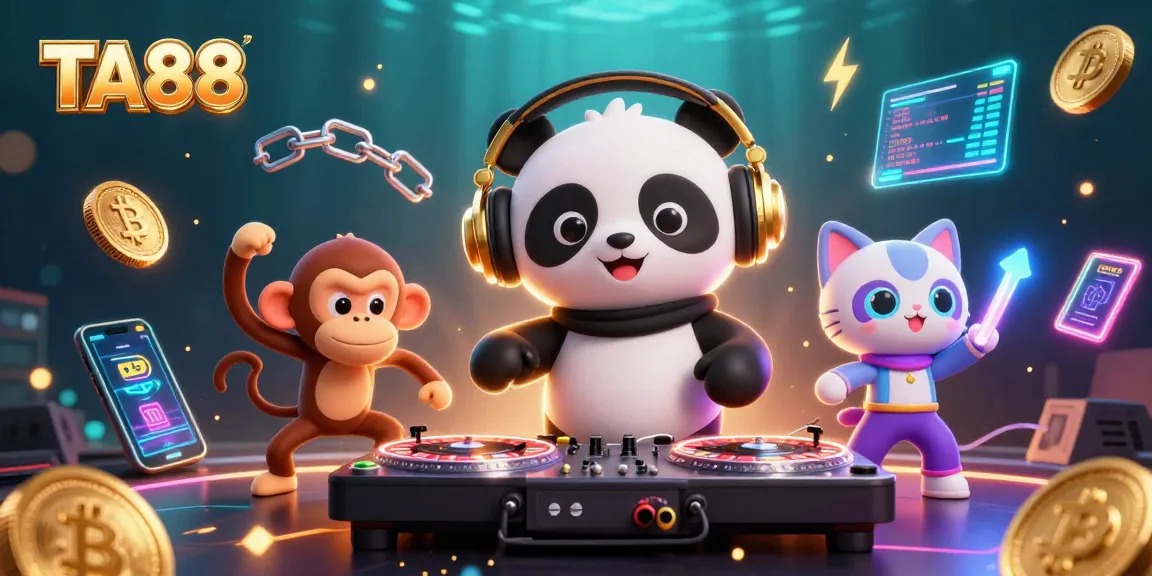 Engage with TA88 casino action featuring a lively DJ panda, dancing monkey, and glow-stick kitten.