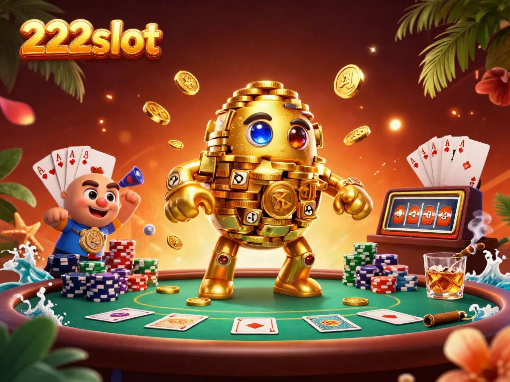 Nikmati permainan 222slot dengan karakter golem emas yang berputar dan chip poker berwarna-warni.