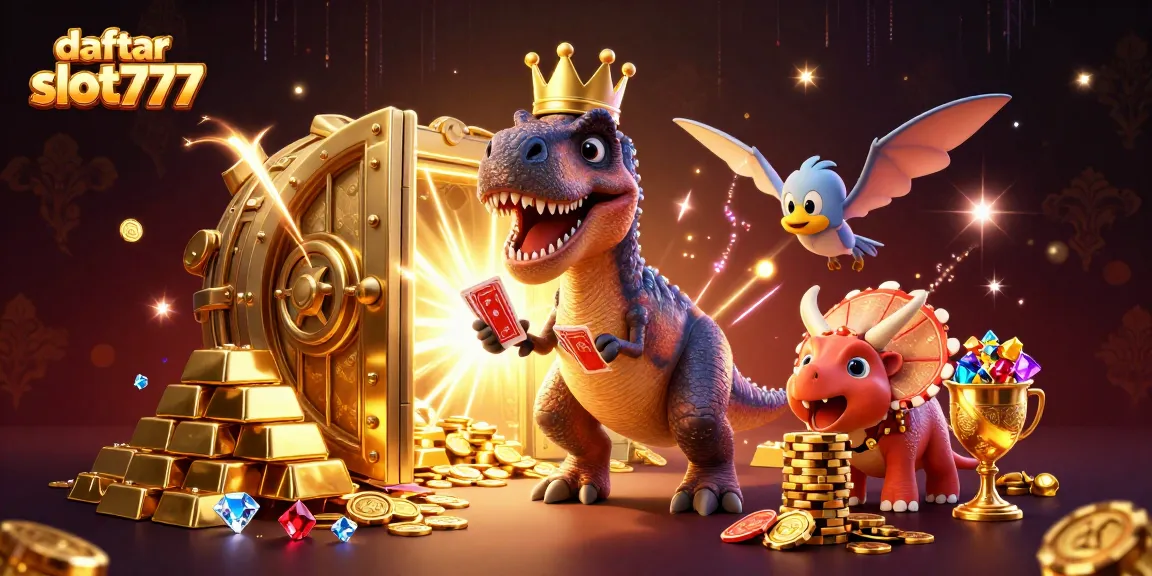 Engage with daftar slot777 while playful dinosaurs shuffle cards and stack chips in a vibrant casino backdrop.