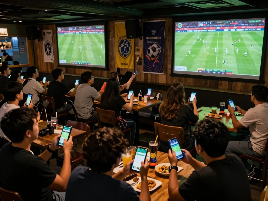 Fans enjoying a lively football stream Cakhiatv at a packed sports bar, capturing the vibrant atmosphere.