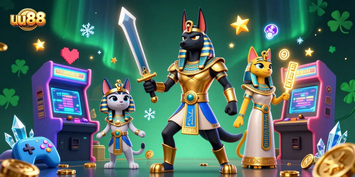 Experience thrilling games at uu88 with ancient warriors and glowing hieroglyphs in a vibrant casino scene.