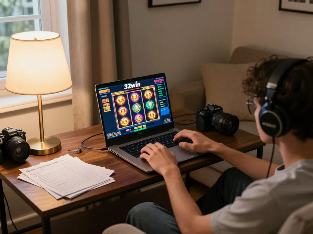 Player enjoying a thrilling slot game on 32win's platform at home with a cozy ambiance.