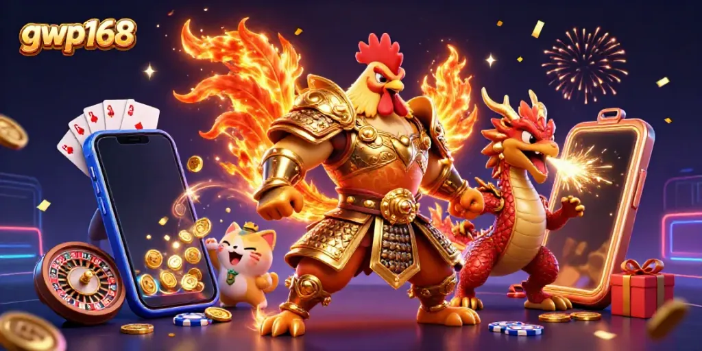 GWP168 menawarkan pengalaman bermain slot seru dengan karakter ayam bertarung dan naga.