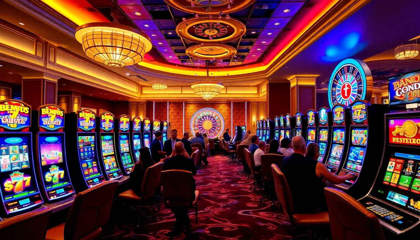 Players enjoying a thrilling experience at slot777 machines in a luxurious casino setting.