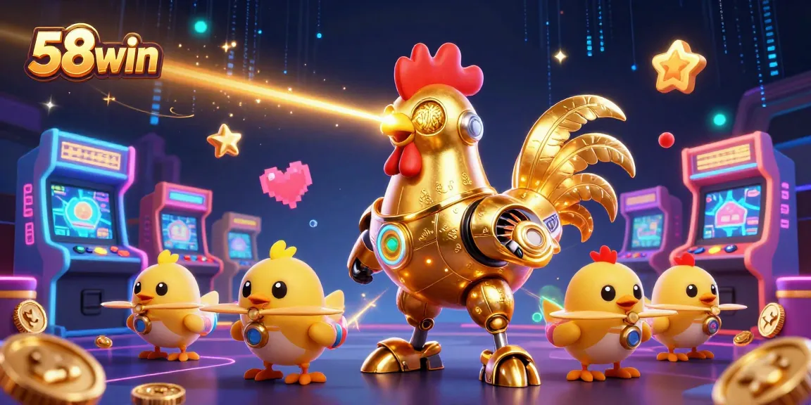 Experience thrilling gameplay at 58win with vibrant games and a playful roaring golden rooster mascot.
