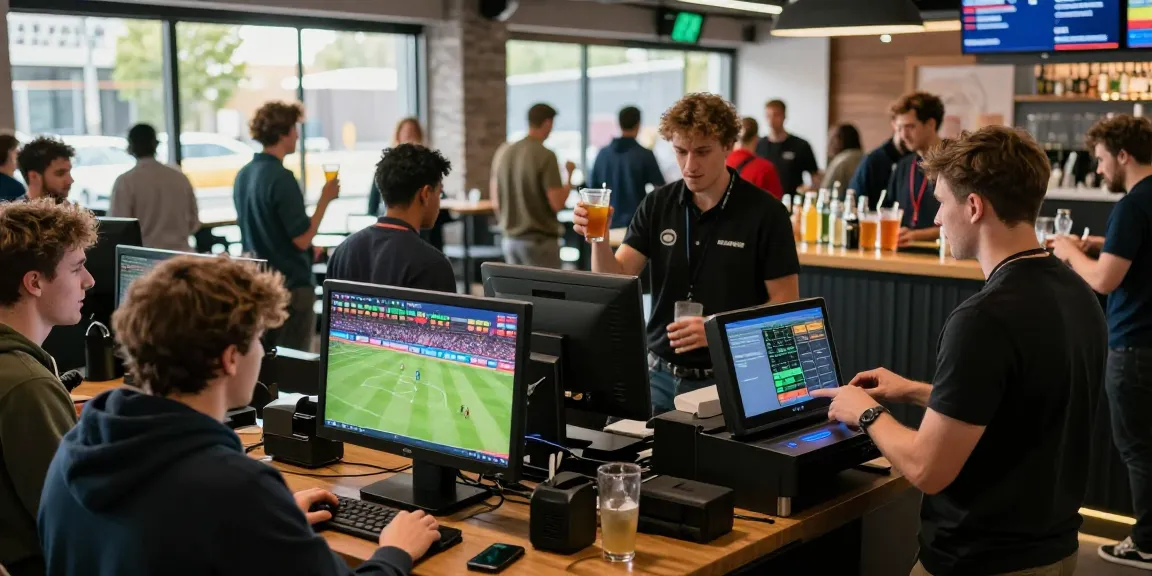 Engaged players at OPEN88 sports betting venue exploring live match statistics and placing bets.