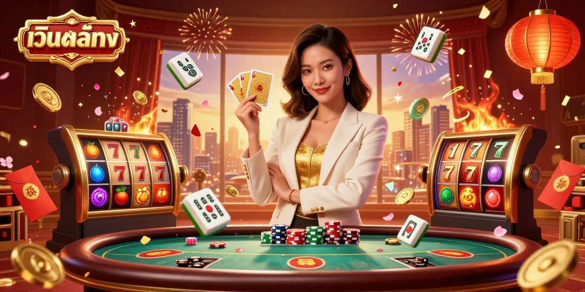 Experience the thrill of เว็บสล็อตตรง with vibrant slot reels and a powerful businesswoman in a dynamic casino setting.