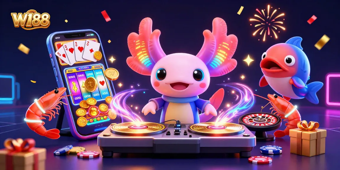 Spin to win at W188's vibrant online casino, featuring a neon axolotl DJ and playful aquatic characters.