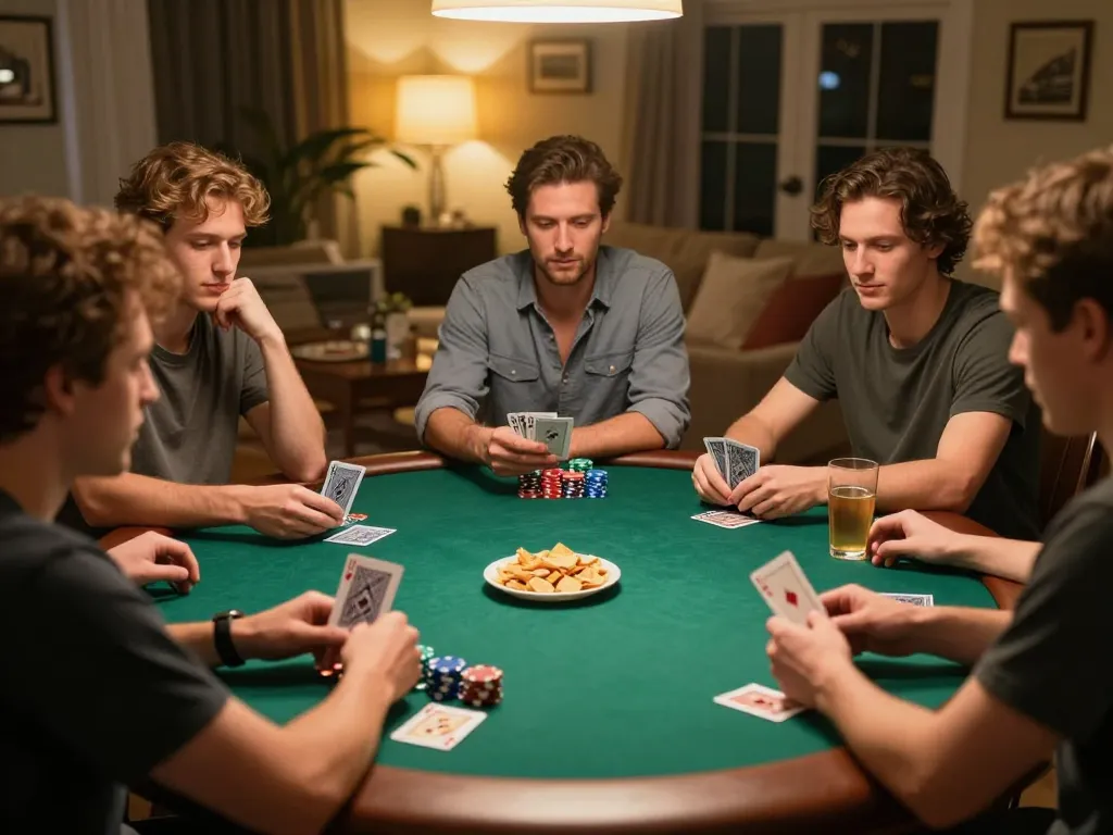 Friends enjoying poker night and strategizing gameplay at home with 888newcasino atmosphere