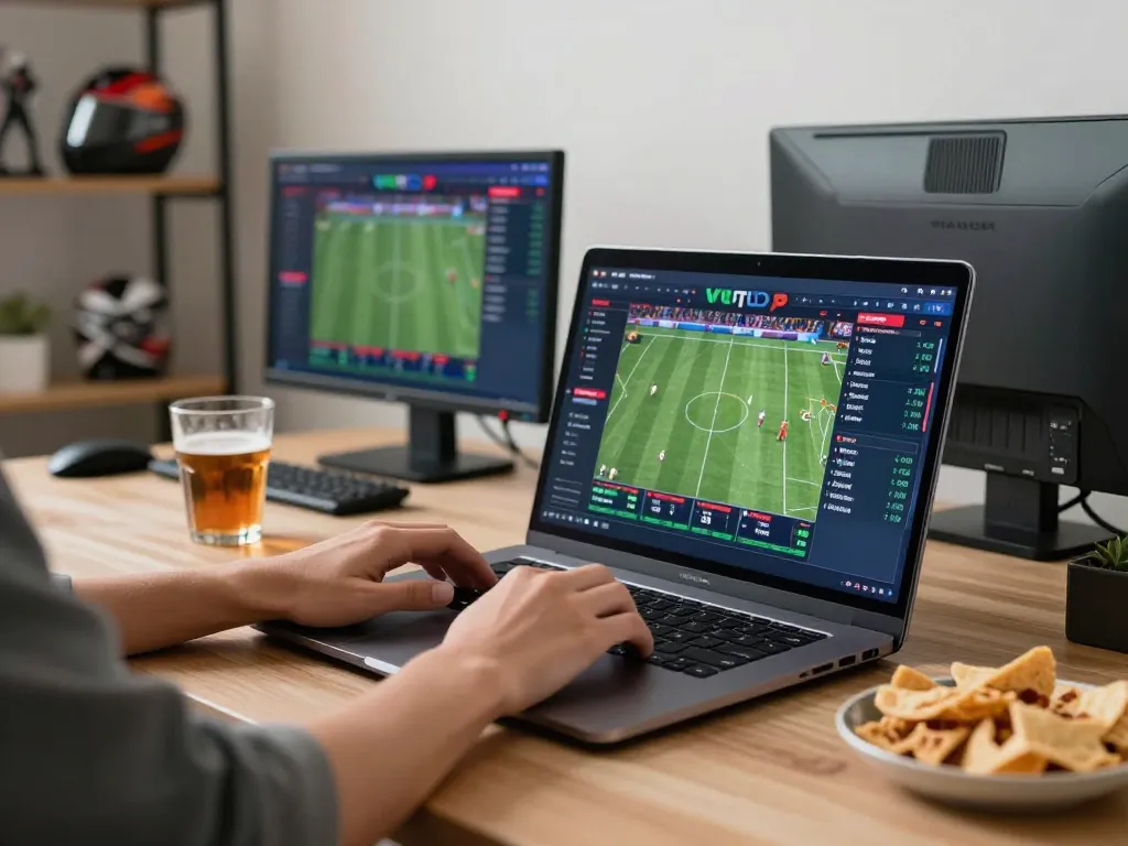 Kebet casino live sports betting with a player focusing on odds in a stylish home office