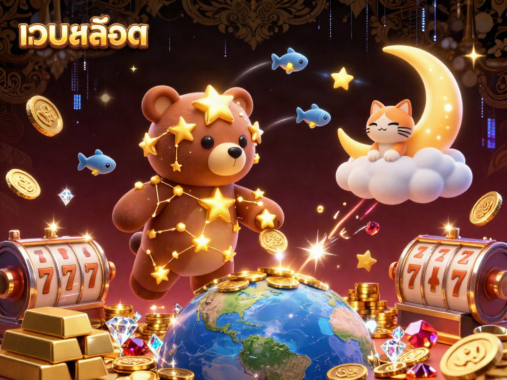 Scoop coins from Earth in a dazzling scene of เว็บสล็อต with stars, slot reels, and gems.