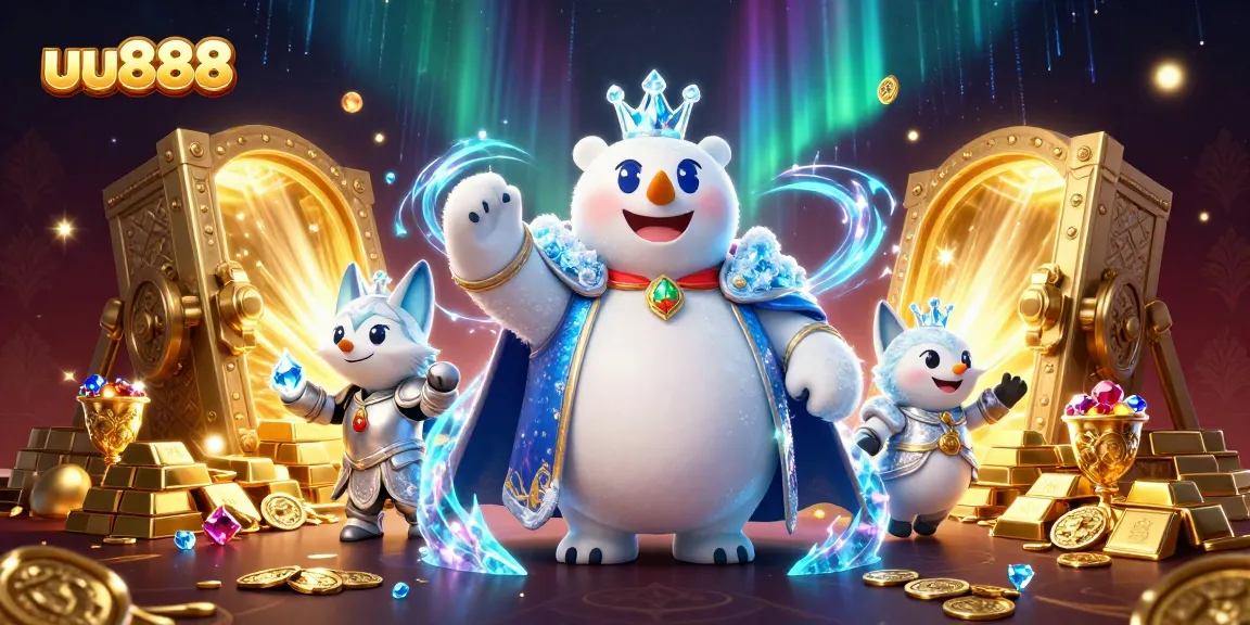 Experience the excitement of uu888 as you explore treasures beside a majestic ice king polar bear and silver-armored snow fox in a captivating casino.