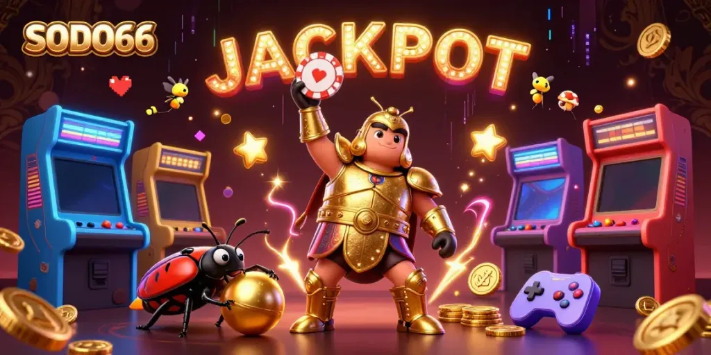 Experience the thrill of SODO66 casino with a victorious beetle in golden armor celebrating a jackpot amidst vibrant games.