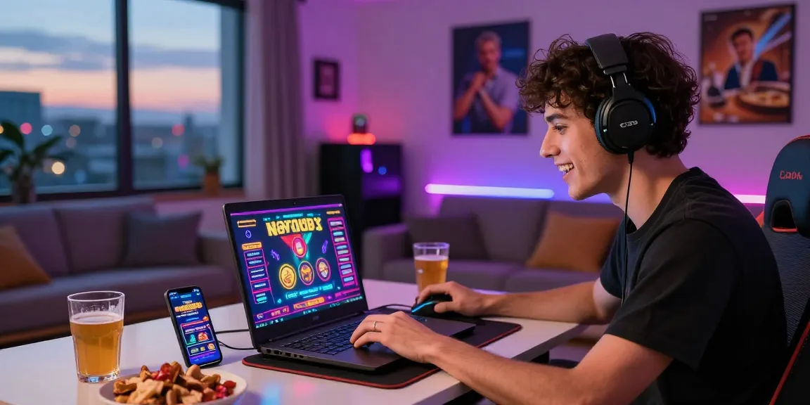 Excited player enjoying new online casinos on a laptop in a vibrant home gaming setup.