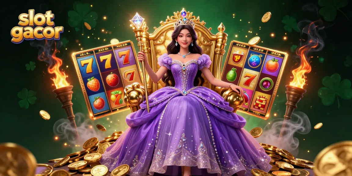 Experience the excitement of slot gacor with vibrant 3D gaming elements and a regal character in an enchanting casino scene.