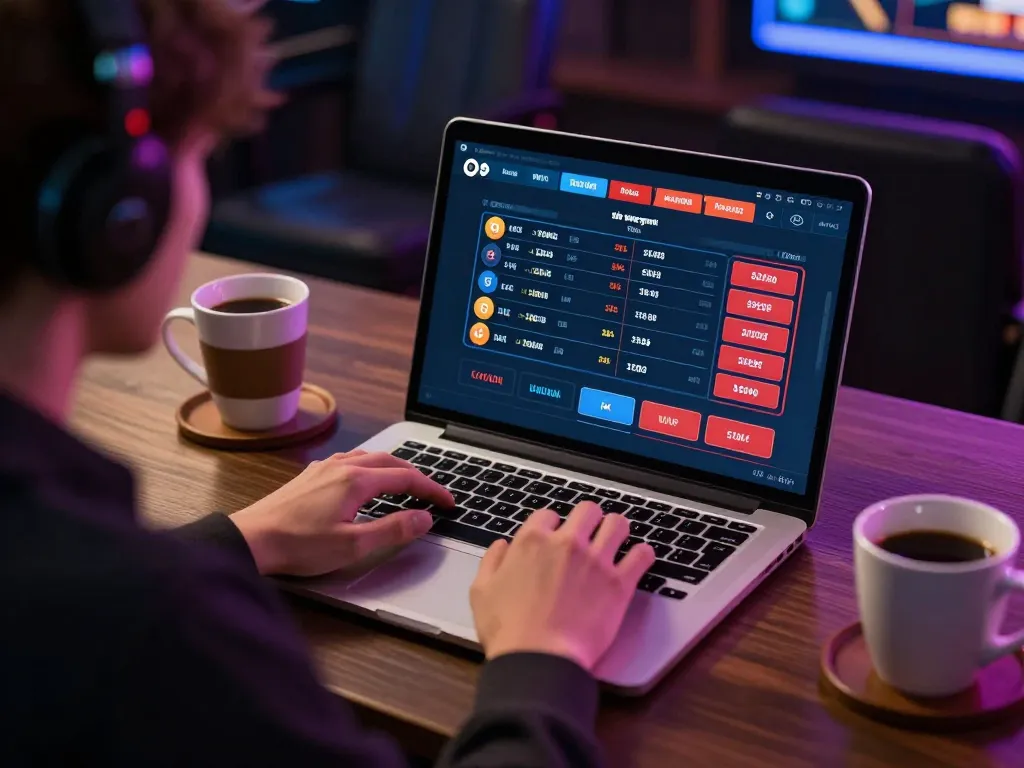 Player analyzing data hk results on laptop during an online casino session at home.