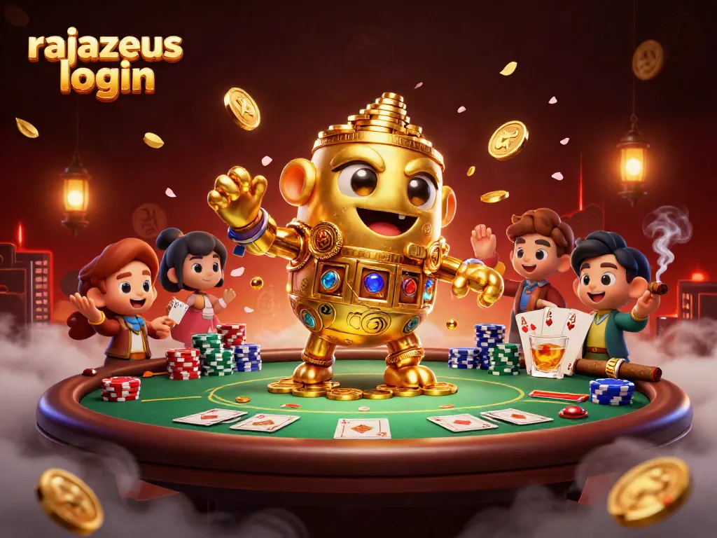 Melihat permainan slot dengan rajazeus login dan karakter unik dalam ilustrasi kasino yang megah.