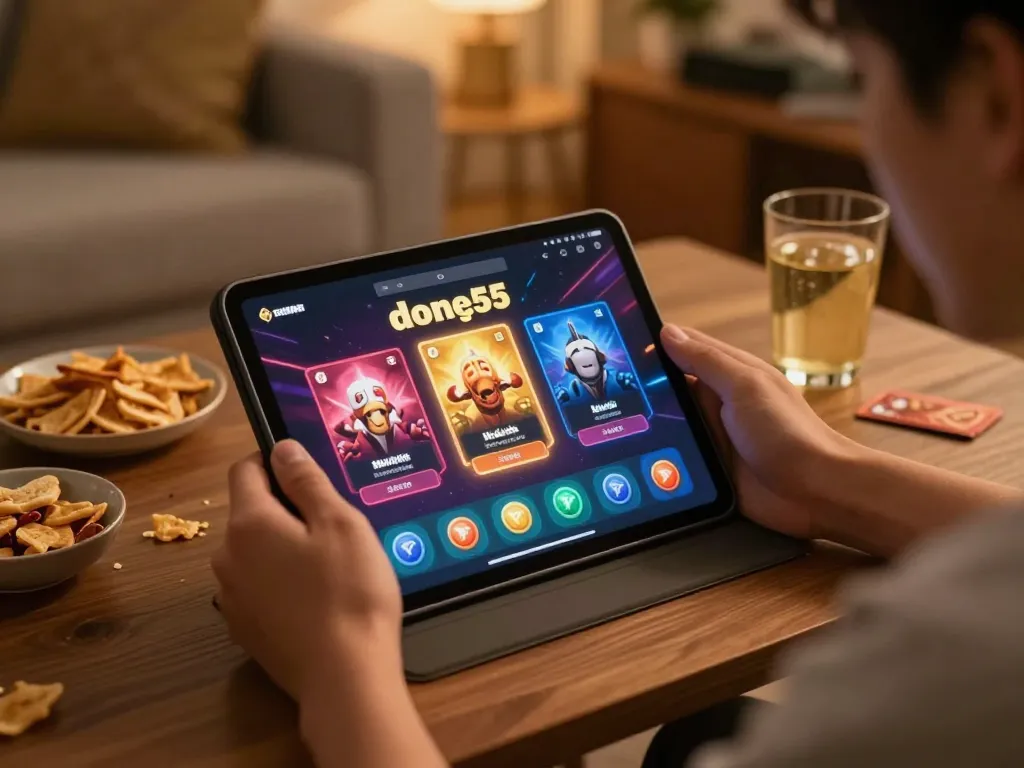 Engaging in online gaming with the done55 app in a cozy home setting, showcasing excitement and entertainment