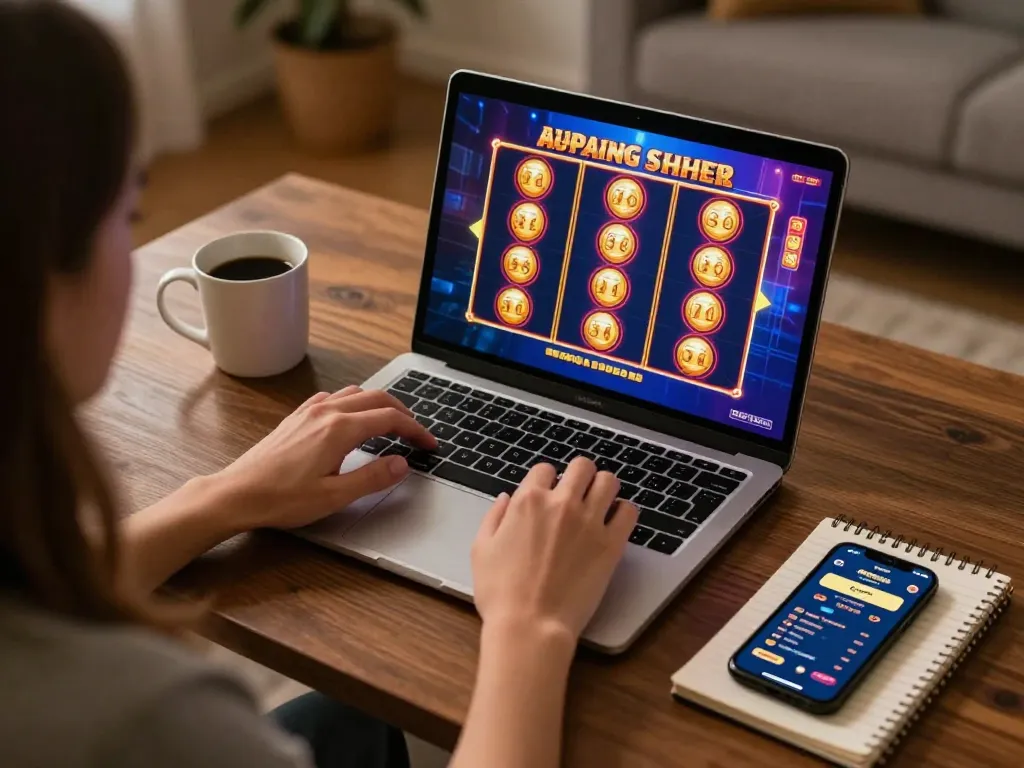 Playing enhanced LGOLUX slot games on a stylish laptop in a cozy home setting with betting strategies visible