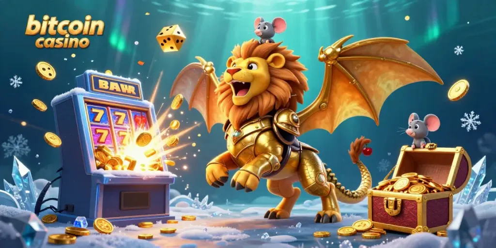 Experience the thrill of a bitcoin casino with a roaring chimera and dazzling jackpot elements.