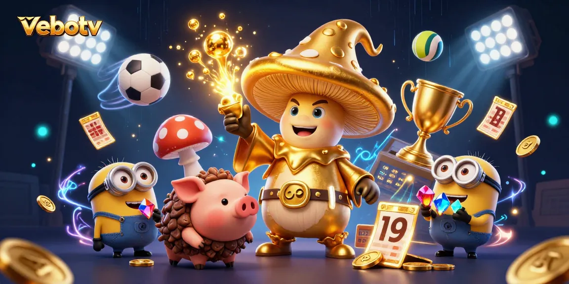 Experience the excitement of vebotv as sports balls and golden treasures fly around a magical scene.
