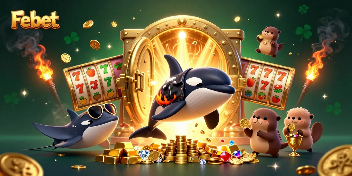 Experience thrilling wins on Febet with a vibrant scene featuring characters and riches from the casino world.