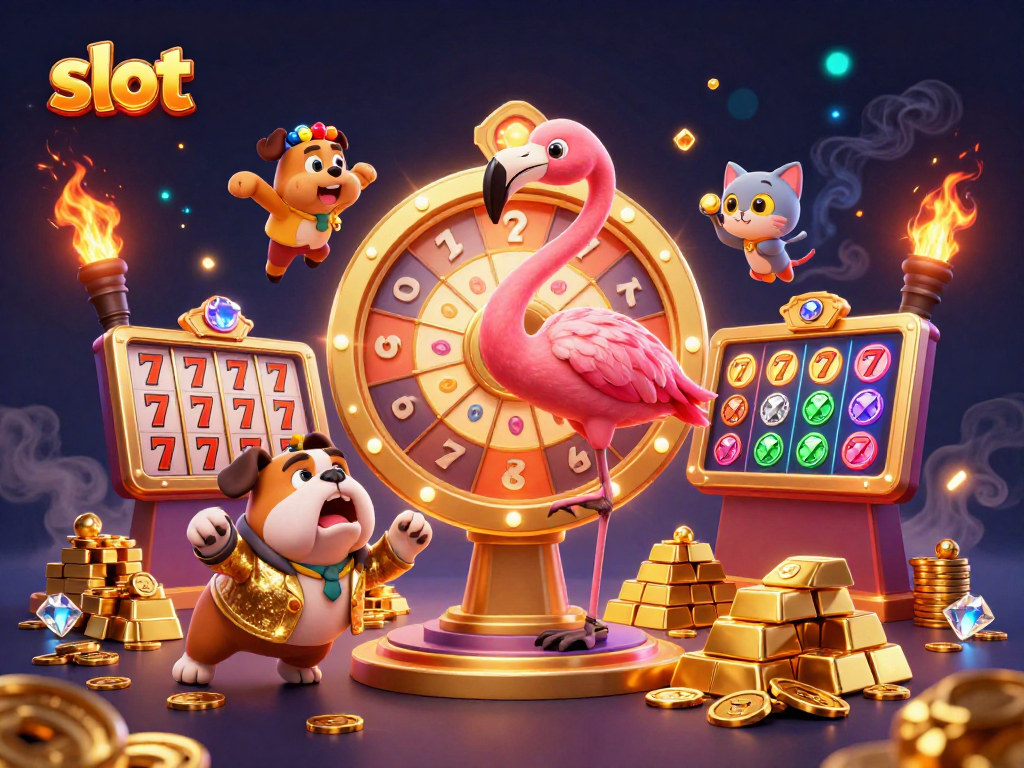 Spinning slot reels with flamingo game show host in a golden setting.