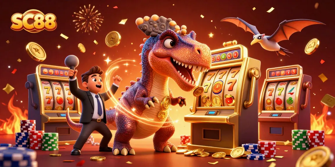 SC88 casino scene with a dinosaur winning jackpot coins at a slot machine.