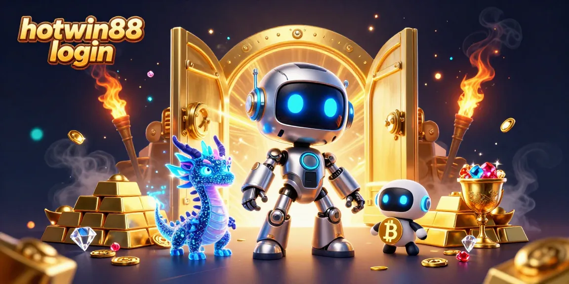 Experience fast access with hotwin88 login in a vibrant 3D casino scene filled with treasures and gaming elements.