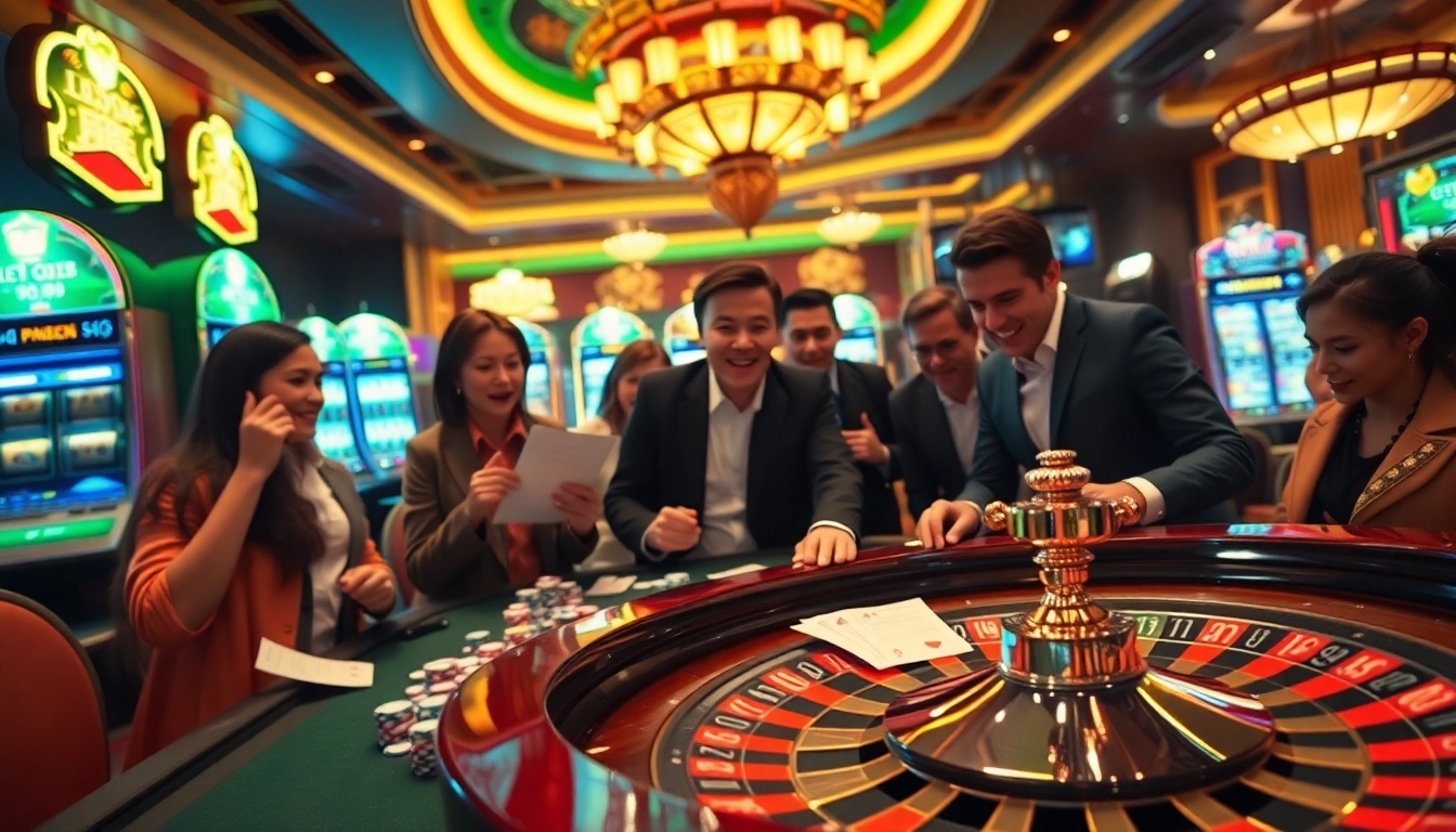 Engaged gamblers placing kèo bóng đá bets at a vibrant casino table surrounded by excitement.