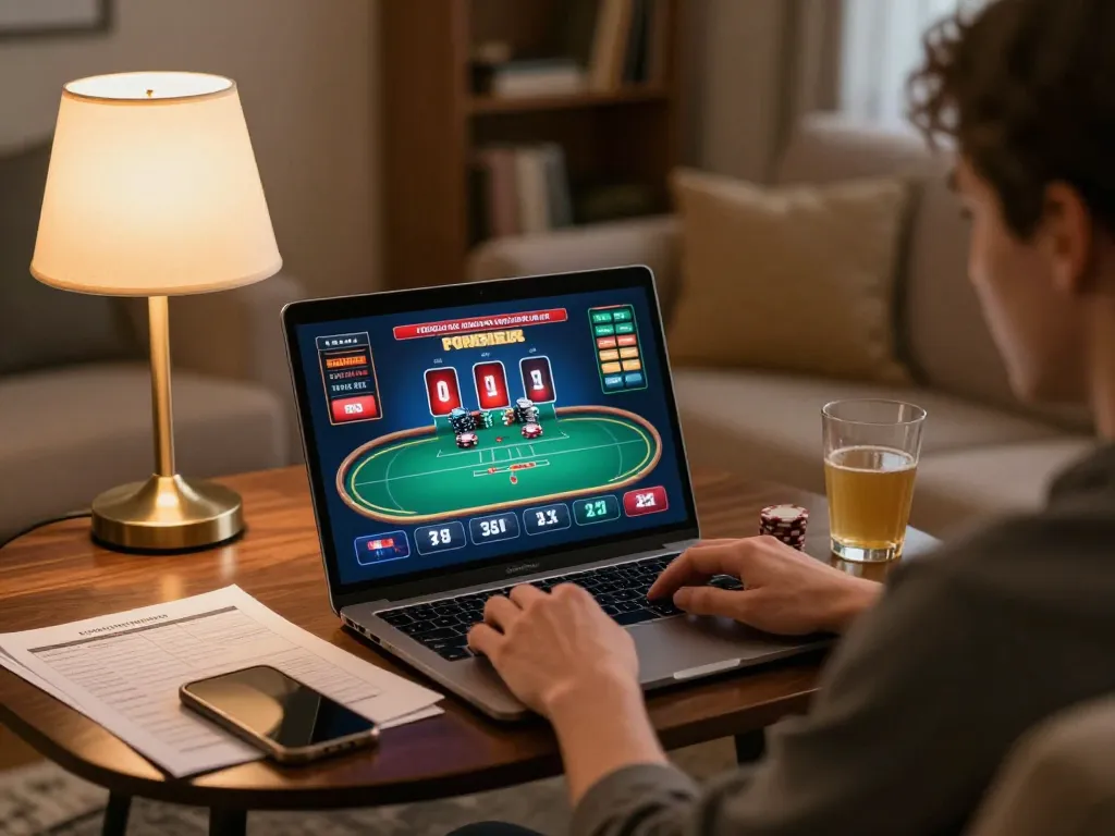 Engaging in Canadian online casinos with a relaxed betting setup at home during evening gaming