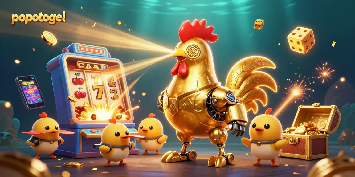 Experience the excitement at popotogel with a vibrant 3D illustration of a golden rooster robot amidst casino game elements.