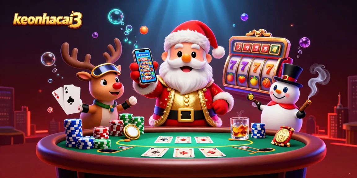 Experience exciting slots thrill at keonhacai3 with a colorful casino scene featuring Santa, a reindeer, and a snowman.