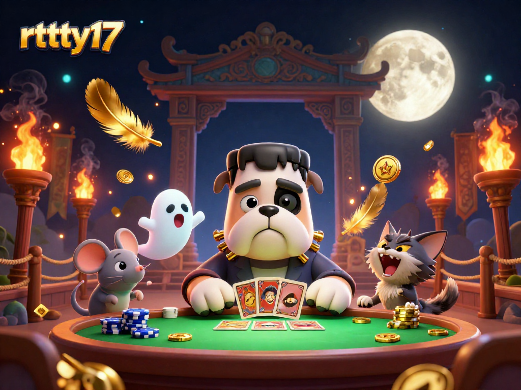 Engage in thrilling casino action with rttty17 as a Frankenstein bulldog monster deals cards.