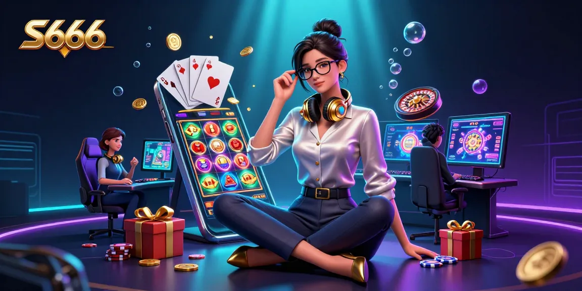 S666 casino gaming scene with an elegant woman engaging at a high-tech setup, showcasing live slot games.